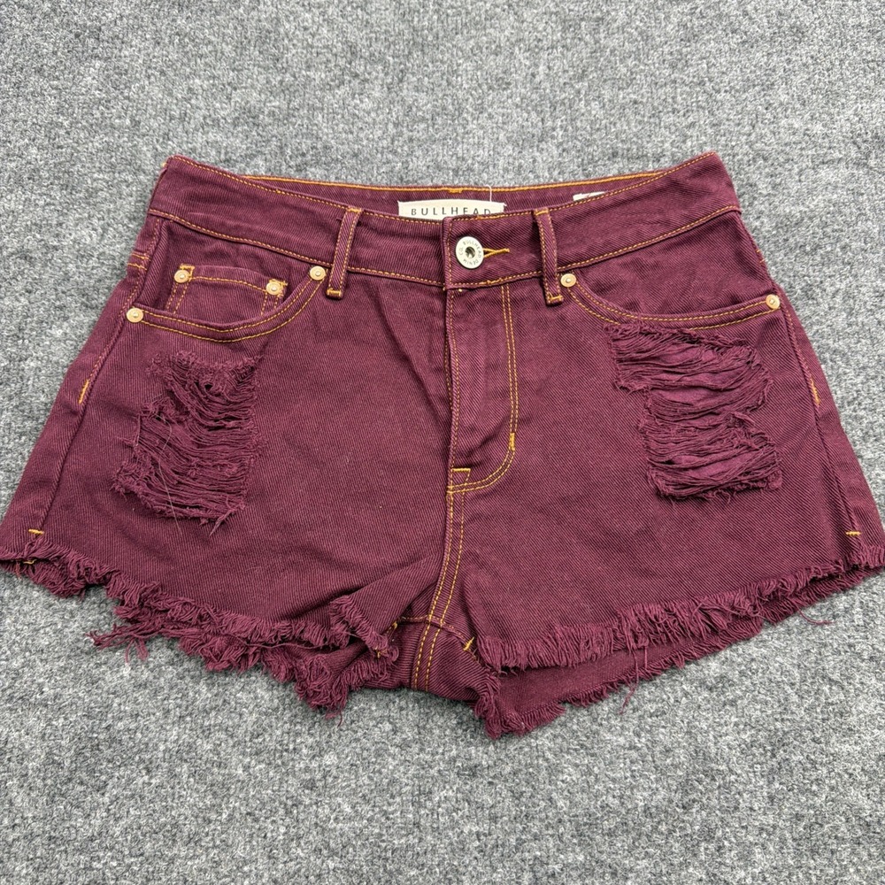 Bullhead Womens Jean Shorts Size 3 High Rise Denim Plum Eggplant‎ Distressed Raw